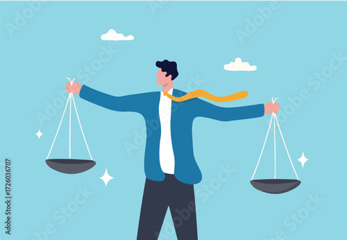 Comparison advantage and disadvantage, integrity or honest truth, pros and cons or measurement, judge or ethical, decision or balance concept, businessman comparing scale to be equal, fair measuring