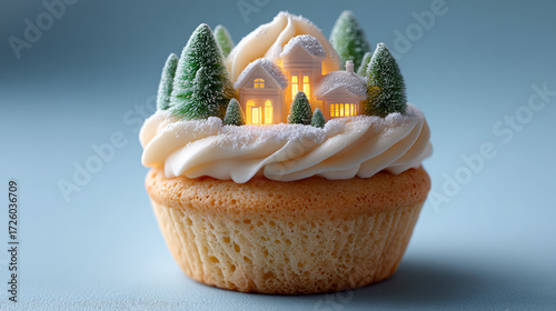 Christmas cupcake with miniature winter landscape and glowing lights  