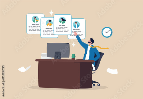 Employee management system, attendance or candidate analysis, customer management system, CRM or recruitment applicant system concept, businessman manage people with employee online application