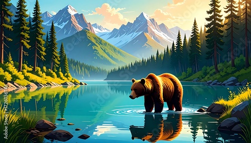 Grizzly bear by a serene mountain lake
