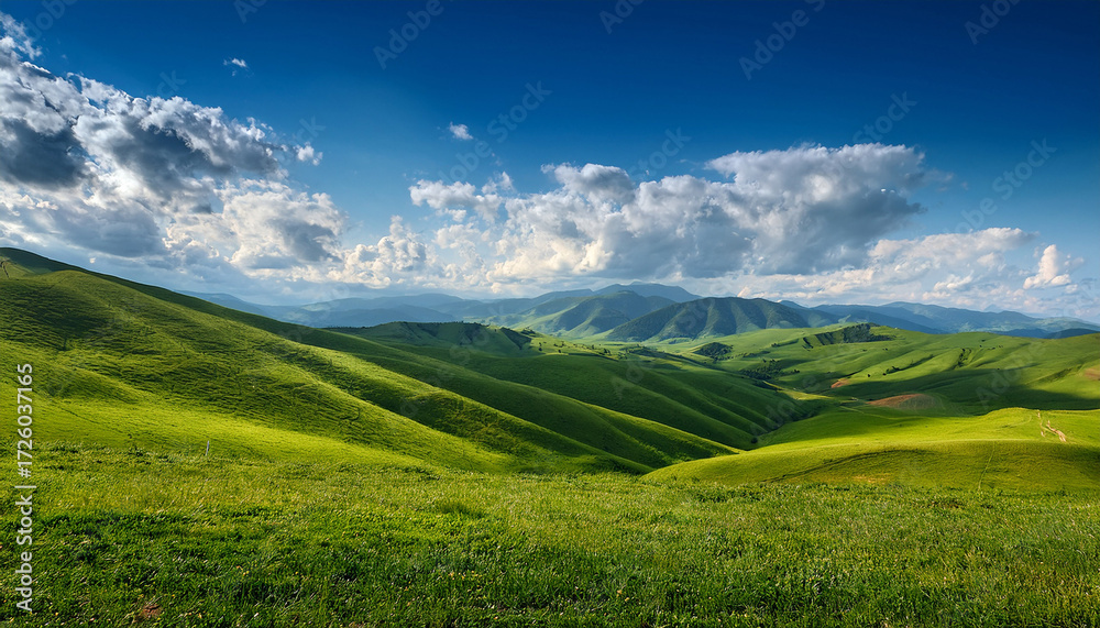 Fototapeta premium Rolling Green Hills Under A Vibrant Sky With Fluffy White Clouds And Majestic Mountains In The Distance Capturing Nature S Beauty And Tranquility