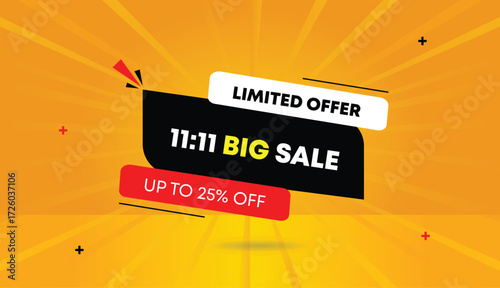 big sale 11 to 11 limited offer up to 25 percent off editable web banner vector art illustration design label icon badge black white red orange yellow sun shine abstract background shapes vibrant prom