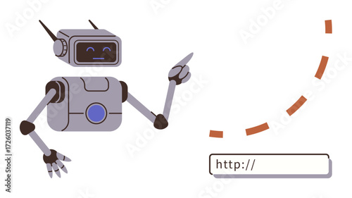 Friendly robot gesturing toward URL box with dashed arrow suggesting digital navigation or website. Ideal for AI, technology, internet services, automation, guidance, online education, simple flat