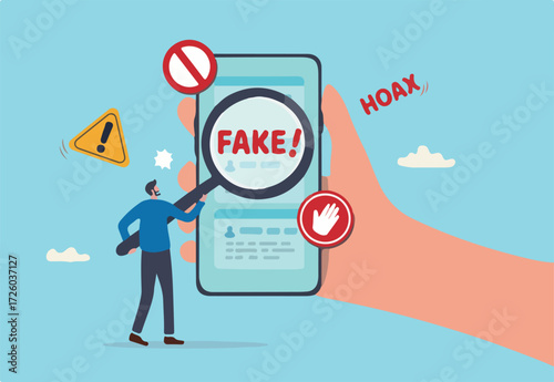Fake news, false information sharing on social media, hoax or lies censorship, fake website cheating, scam or dishonesty report concept, man magnifying glass on social media as fake news attention