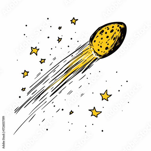 Minimal line art comet with black outline and yellow fill, surrounded by glowing stars in outer space, abstract clean drawing on white background for versatile use
