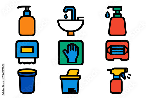 Hygiene Station Icons. Flat vector icons of hygiene stations: hand sanitizer pump, sink, soap dispenser, paper towel holder, glove