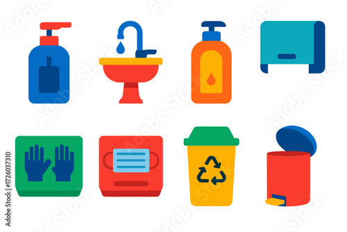 Hygiene Station Icons. Flat vector icons of hygiene stations: hand sanitizer pump, sink, soap dispenser, paper towel holder, glove