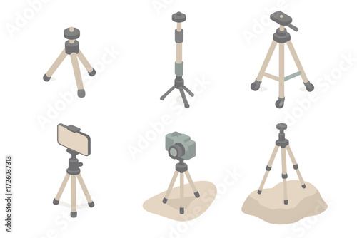 Tripod Variants Display. Isometric vector illustration set Tripod Variants and Use Cases: tabletop mini tripod, monopod with foot,