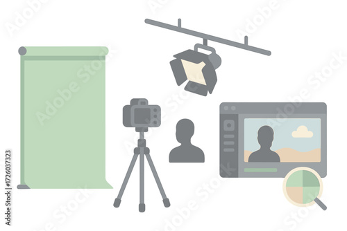 Chroma Key Setup. Isometric vector illustration set Chroma Key Video Production Setup: portable green screen roll-up, tripod