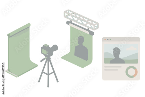 Chroma Key Setup. Isometric vector illustration set Chroma Key Video Production Setup: portable green screen roll-up, tripod