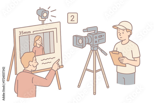Storyboard Planning Illustration. Isometric vector illustration set Storyboard and Camera Setup Planning: drawn panel beside