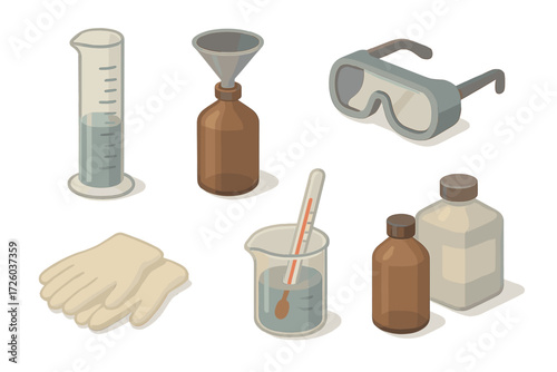 Darkroom Chemical Tools. Isometric vector illustration set Darkroom Chemical Handling Tools: graduated cylinder with markings,