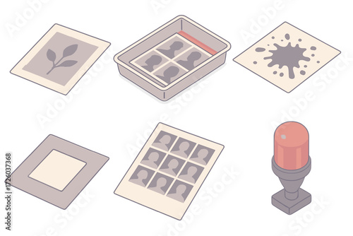 Darkroom Technique Icons. Isometric vector illustration set Experimental Darkroom Techniques: paper with photogram object,