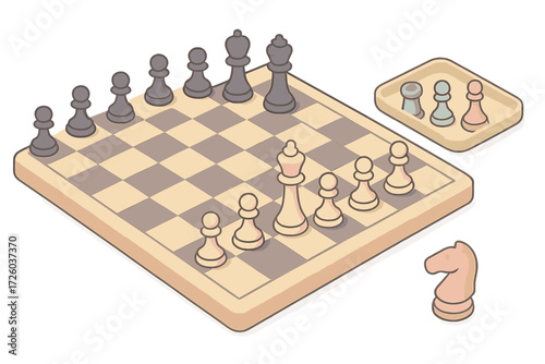 Pastel Chess Setup. Isometric vector illustration set Chessboard and Piece Setup: knight on g1 square, pawns in opening position,