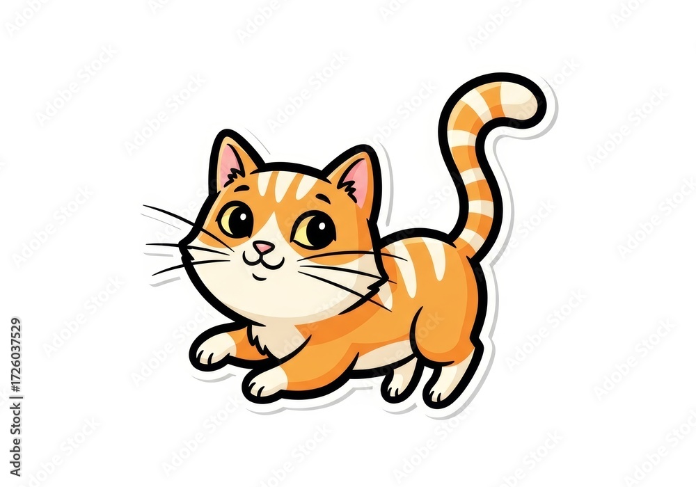 Obraz premium Cute ginger cat illustration in flat style. Adorable and playful cartoon kitten with striped tail. art for stickers, pet themes, and children's designs. Isolated on white background.