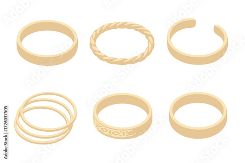 Gold Bangle Variants. Isometric vector illustration set Gold Bangle Variants and Textures: hammered gold bangle, braided twist