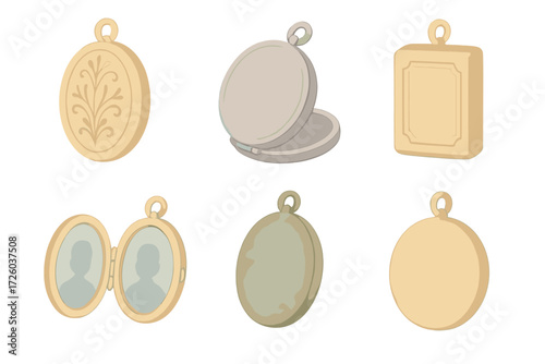 Locket Design Collection. Isometric vector illustration set Locket Styles and Formats: oval locket with etched pattern, round
