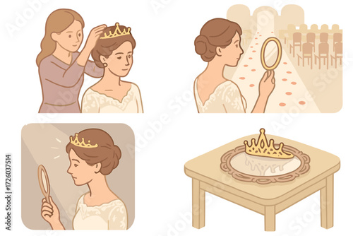 Princess Bridal Moment. Isometric vector illustration set Princess Crown Ceremony Moment: tiara placed by stylist, bride looking