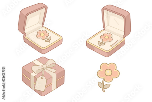 Elegant Brooch Presentation. Isometric vector illustration set Brooch Box and Presentation: hinged velvet box open, padded satin
