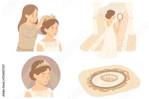 Princess Bridal Moment. Isometric vector illustration set Princess Crown Ceremony Moment: tiara placed by stylist, bride looking