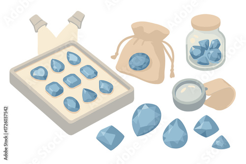 Gem Display Collection. Isometric vector illustration set Loose Gemstone Collection Display: tray with multiple sapphire types,
