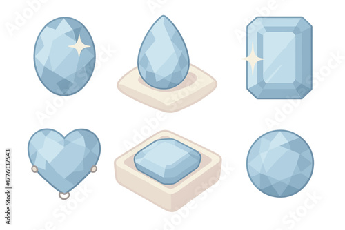 Exquisite Sapphire Cuts. Isometric vector illustration set Sapphire Cuts and Shapes: oval sapphire with star reflection,
