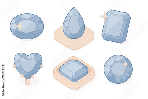 Exquisite Sapphire Cuts. Isometric vector illustration set Sapphire Cuts and Shapes: oval sapphire with star reflection,
