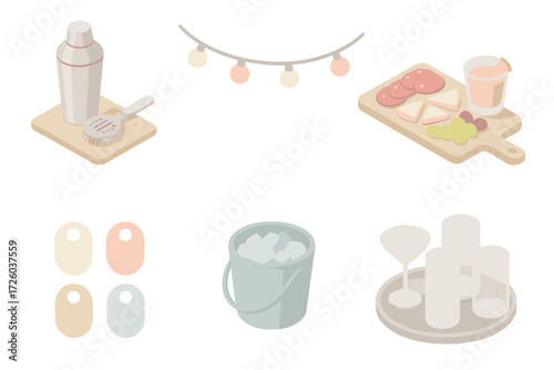 Home Bar Setup. Isometric vector illustration set Home Bar and Party Setup: shaker and strainer on kitchen counter, string lights