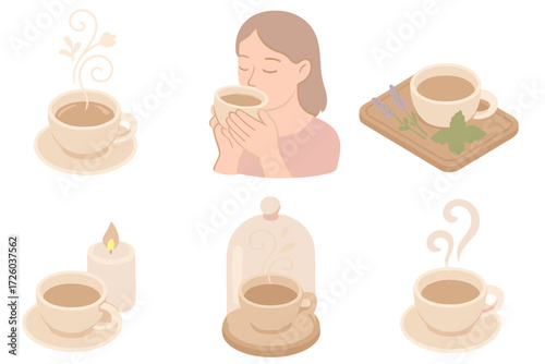 Aromatic Tea Moments. Isometric vector illustration set Aromatic Tea Moments: steam rising with floral swirls, cup held near face,