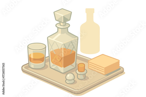 Elegant Barware Display. Isometric vector illustration set Decanter and Barware Display: decanter with geometric cut design,
