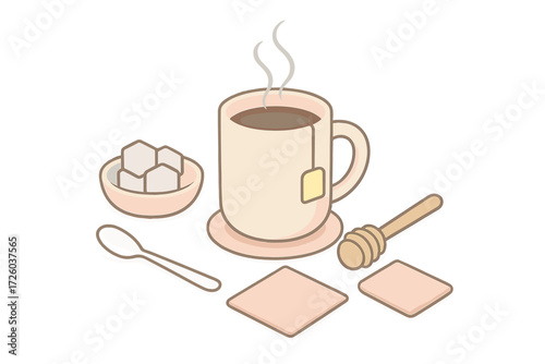Cozy Beverage Setup. Isometric vector illustration set Hot Beverage Setup with Mug: filled mug with steam curls, teaspoon resting