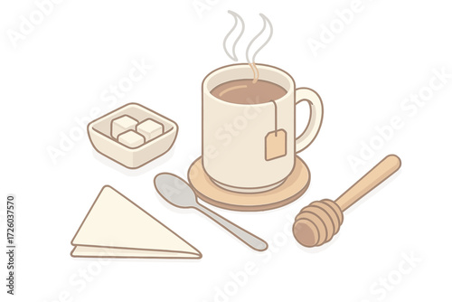 Cozy Beverage Setup. Isometric vector illustration set Hot Beverage Setup with Mug: filled mug with steam curls, teaspoon resting
