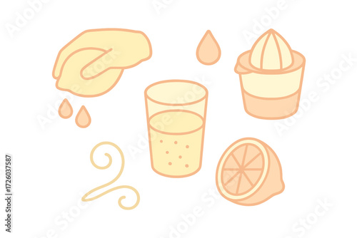 Minimalist Citrus Juicing Icons. Isometric vector illustration set Minimalist Citrus Juicing Icons: outline of hand squeezing
