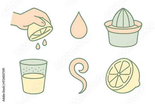 Minimalist Citrus Juicing Icons. Isometric vector illustration set Minimalist Citrus Juicing Icons: outline of hand squeezing