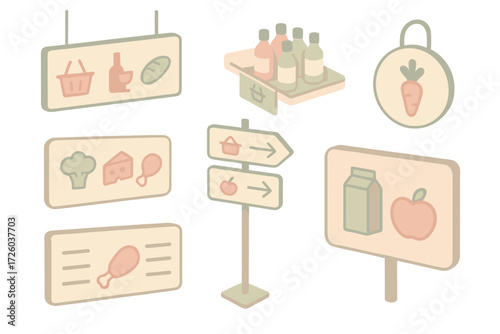 Retail Wayfinding Icons. Isometric vector illustration set Retail Wayfinding Icons: suspended aisle sign with icons, shelf label