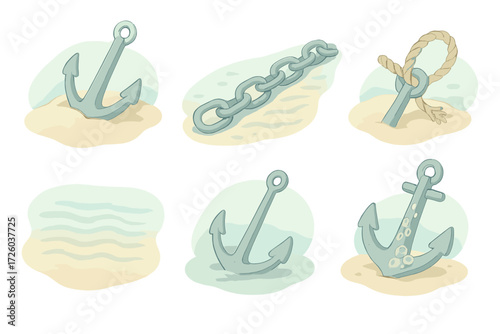 Ocean Floor Mooring. Isometric vector illustration set Ocean Floor Mooring Details: anchor deeply set in sand, chain snaking