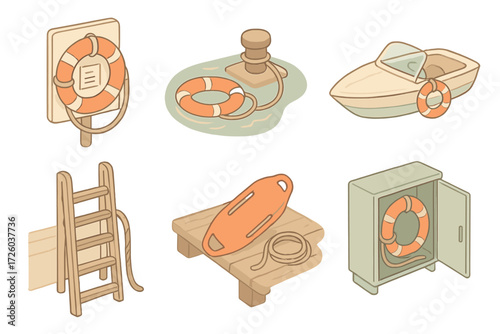 Dock Safety Icons. Isometric vector illustration set Dock and Harbor Safety: mounted lifebuoy with instruction placard, floating