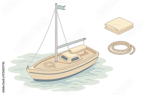 Calm Sailing Scene. Isometric vector illustration set Calm Wind Sailing: sailboat with lowered sail, mast standing still, flag