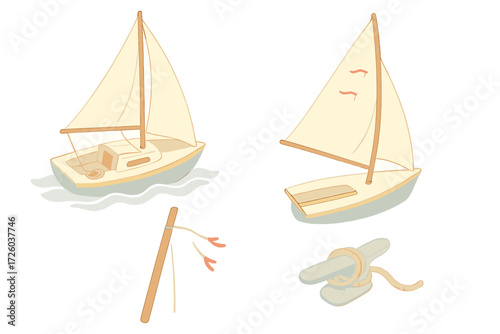 Coastal Sailing Serenity. Isometric vector illustration set Coastal Sailing Scene: small sailboat drifting, sail bending with wind