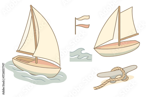 Coastal Sailing Serenity. Isometric vector illustration set Coastal Sailing Scene: small sailboat drifting, sail bending with wind