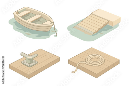 Small Craft Mooring. Isometric vector illustration set Small Craft Mooring: dinghy tied to dock, slipway with waterline, dock with