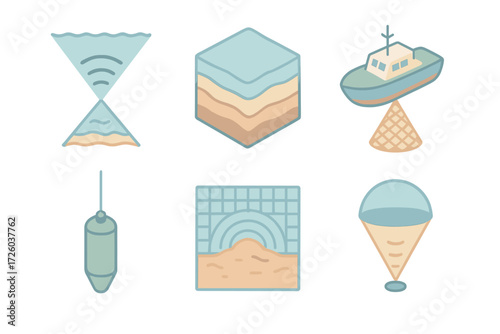 Ocean Survey Sonar Diagram. Isometric vector illustration set Ocean Survey Sonar: sonar ray diagram underwater, layered seabed