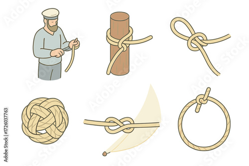 Traditional Sailing Knots. Isometric vector illustration set Traditional Sailing Knots: sailor holding marlinspike tool, rope tied