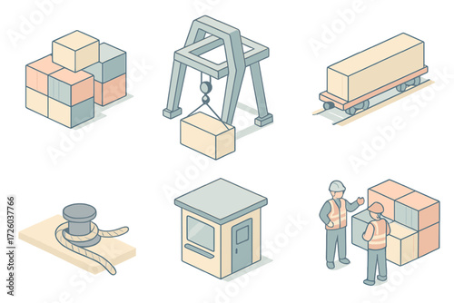 Seaport Logistic Icons. Isometric vector illustration set Seaport Container Handling: terminal yard with stacked cargo units,