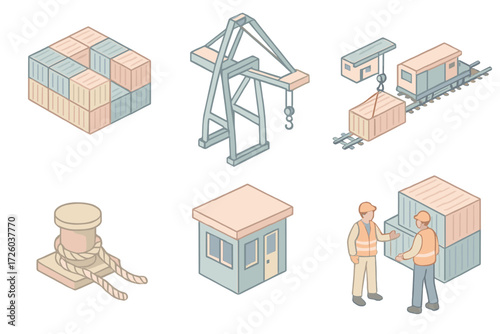 Seaport Logistic Icons. Isometric vector illustration set Seaport Container Handling: terminal yard with stacked cargo units,