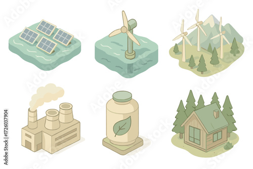 Renewable Energy Icons. Isometric vector illustration set of renewable energy in nature: floating solar panels on water, tidal