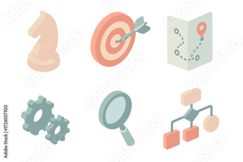 Strategy Tools Icons. Isometric vector illustration set of strategy tools: chess piece, dartboard target, roadmap paper, gears,