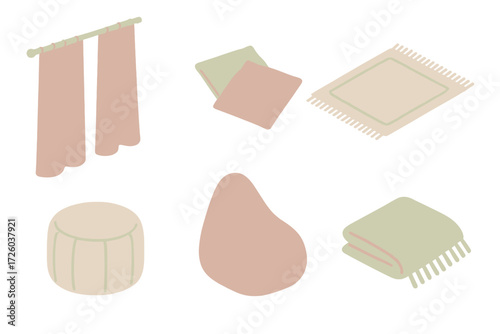 Soft Furnishings Icons. Isometric vector illustration set of soft furnishings: curtains, cushions, rug, pouf, bean bag, throw