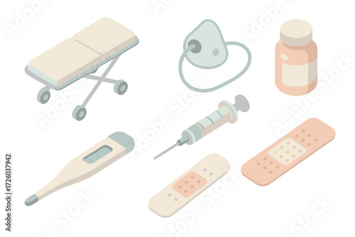 Medical Emergency Icons. Isometric vector illustration set of medical emergency icons: stretcher, oxygen mask, syringe, medicine