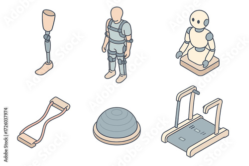 Rehabilitation Tech Essentials. Isometric vector illustration set of rehabilitation technology: prosthetic leg, exoskeleton suit,